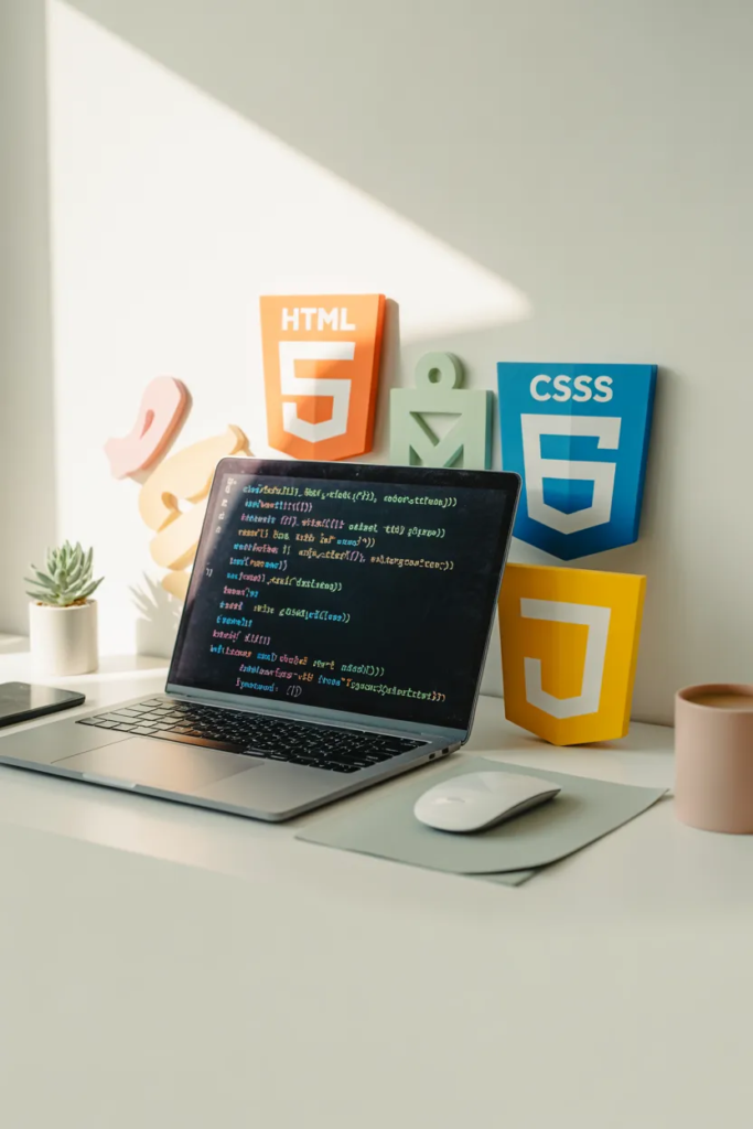 Laptop with code and web development icons on desk