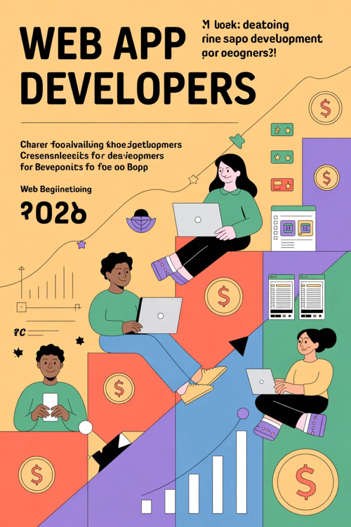 Career growth graphs with developers working on laptops