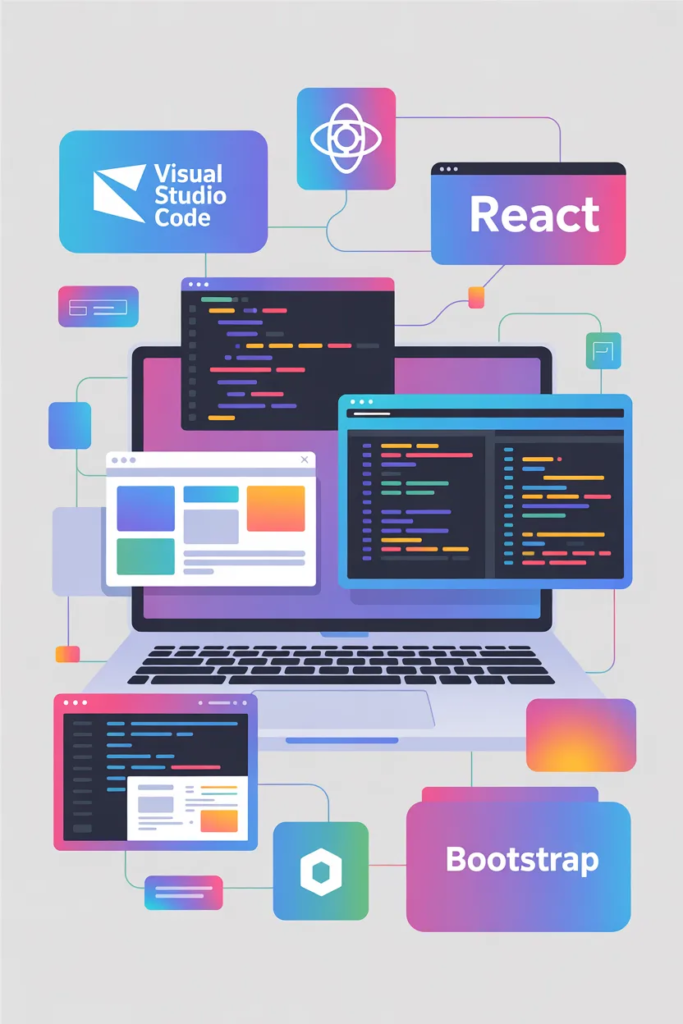 Developer tools and framework logos with laptop